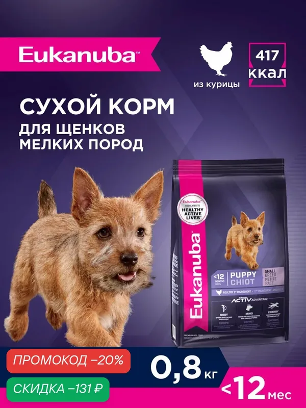 Сухой корм для щенков Eukanuba Puppy Small Breed для мелких пород, 0, 8 кг — Eukanuba, скидка по промокоду Яндекс Маркет