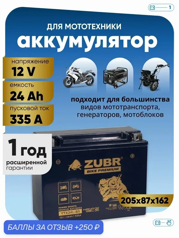 Гелевый аккумулятор на мотоцикл, питбайк, трицикл 12в 24ач — 250 баллов за отзыв Яндекс Маркет