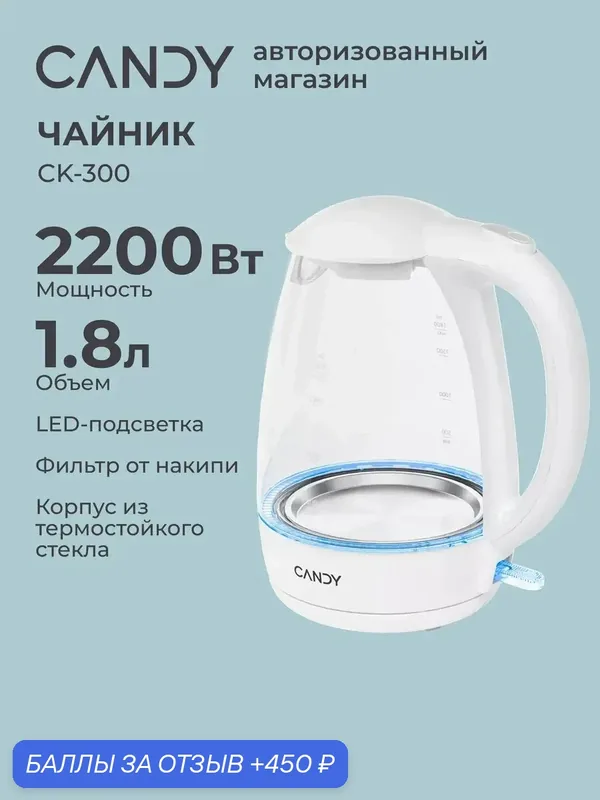 Чайник электрический CK-300, 2200 Вт, 1, 8 л — Candy, 450 баллов за отзыв Яндекс Маркет