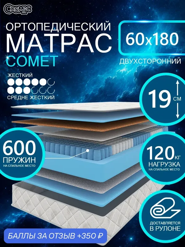 Матрас Cosmic Comet 60x180 см, пружинный, 2 степени жёсткости, высота 19 см, анатомическая поддержка — Cosmic, 350 баллов за отзыв Яндекс Маркет