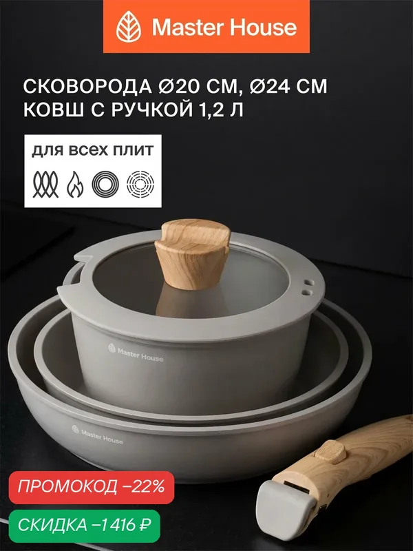 Набор посуды Master House Шеф Антонио-05, алюминий, съёмная ручка, антипригарное тефлоновое покрытие — Master House, скидка по промокоду Яндекс Маркет
