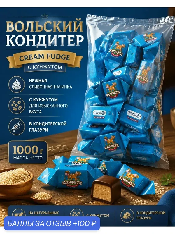 Вольский Кондитер. Конфеты "Cream Fudge, на сливках" с кунжутом 1000 г — Вольский кондитер, 100 баллов за отзыв Яндекс Маркет