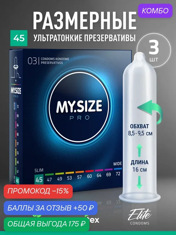 MY SIZE размер 45 (3 шт.)/ Майсайз презерватив маленького размера - ширина 45 мм/ узкий — MY.SIZE, промокод и 50 баллов за отзыв Яндекс Маркет