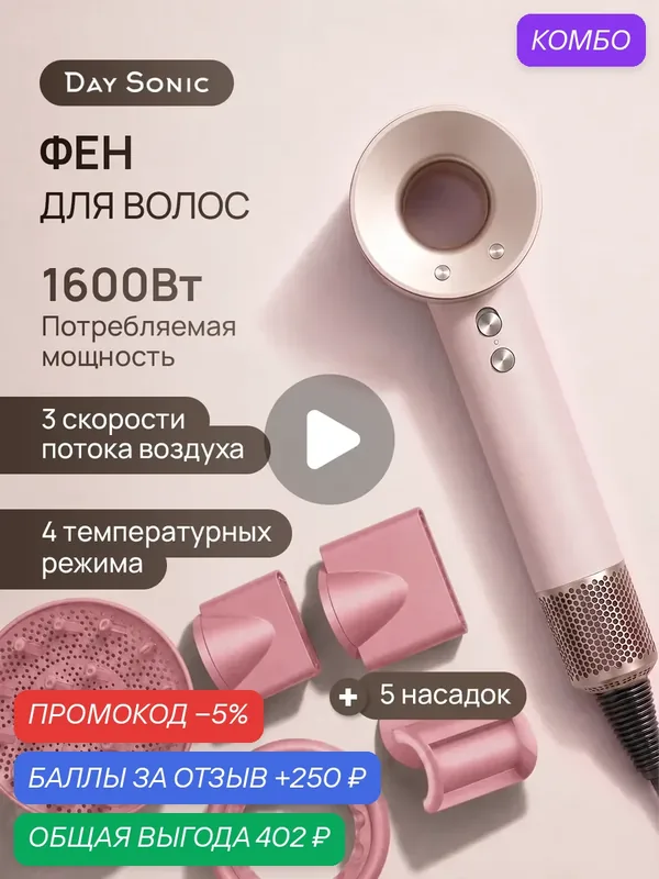 Фен для волос профессиональный 5в1 ICON Air — Day Sonic, промокод и 250 баллов за отзыв Яндекс Маркет