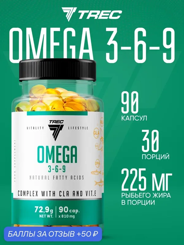 Омега 3-6-9 комплекс незаменимых жирных кислот Trec Nutrition OMEGA 3-6-9 90 cap — Trec Nutrition, 50 баллов за отзыв Яндекс Маркет