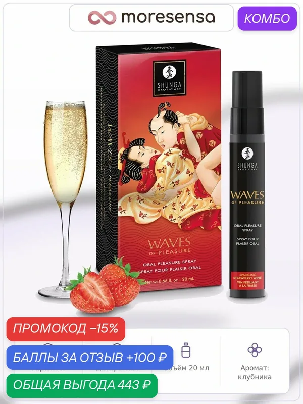 Спрей Waves of Pleasure, Клубника, 20 мл, с ароматом, Канада — SHUNGA, промокод и 100 баллов за отзыв Яндекс Маркет