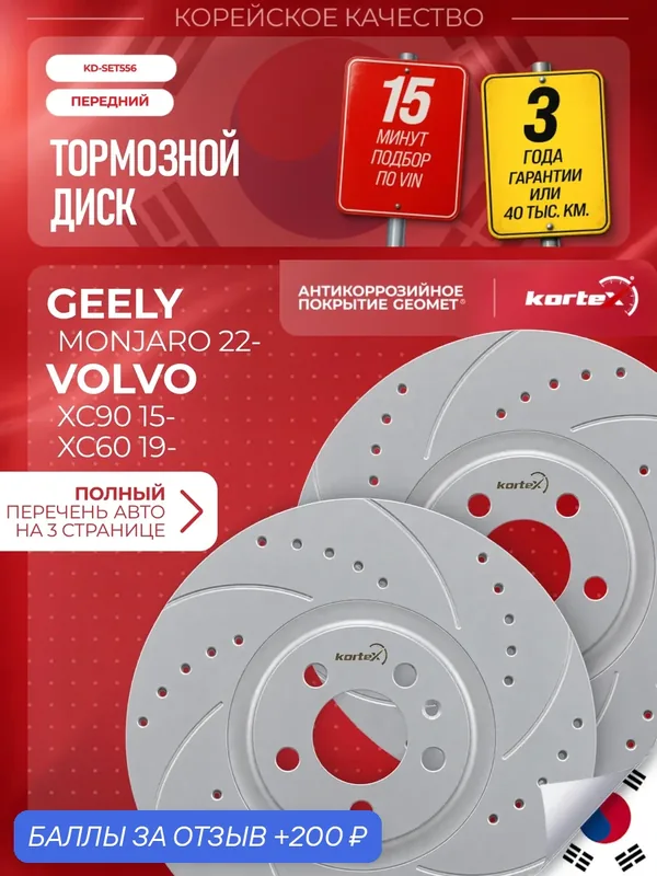 Комплект передних тормозных дисков для GEELY MONJARO KX11, VOLVO S60, S90, V60, V90, XC40, XC60, XC90 345 мм, перфорация и насечки, 2 шт. — KORTEX, 200 баллов за отзыв Яндекс Маркет