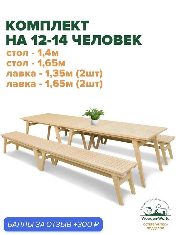 Комплект садовой мебели из массива дерева (стол-2шт, 4 лавки) на 12-14 человек — Wooden-World, 300 баллов за отзыв Яндекс Маркет
