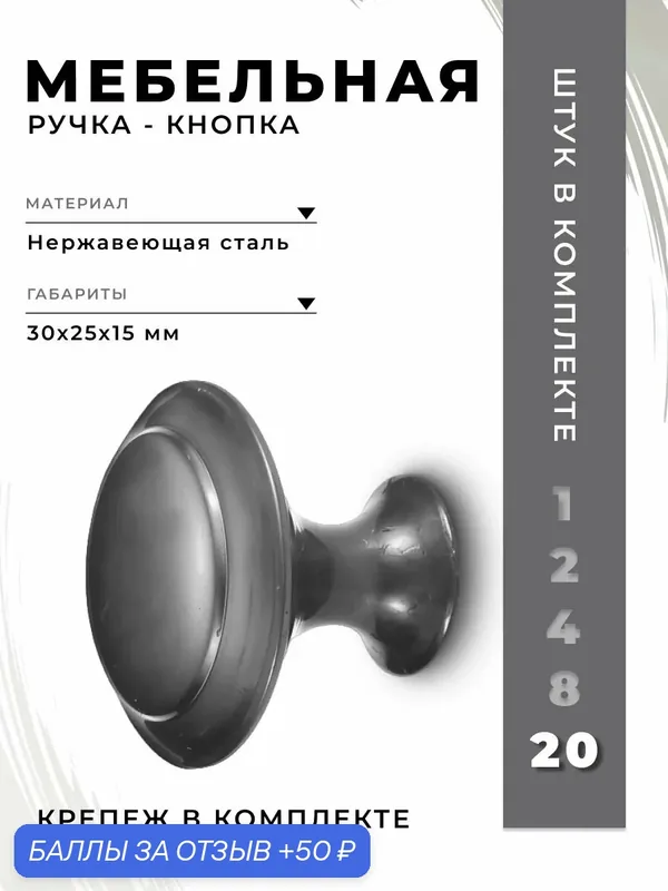 Ручка мебельная кнопка BRANTE BR906L графит, комплект 20 шт, ручка для шкафов, ящиков, комодов, для кухонного гарнитура, фурнитура для мебели — Brante, 50 баллов за отзыв Яндекс Маркет