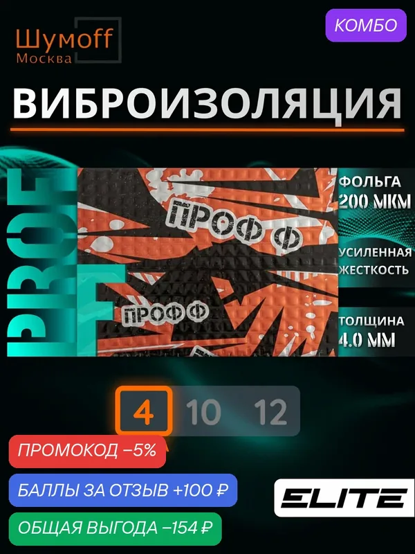 Шумоизоляция автомобиля ПрофФ 4 мм- 4 л. — Шумоff, промокод и 100 баллов за отзыв Яндекс Маркет