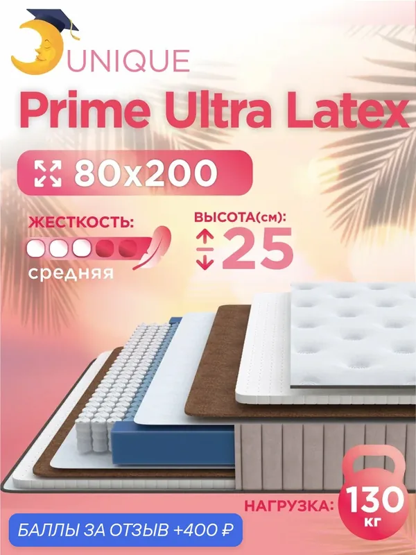 Матрас 80х200 см Академия сна Prime Ultra Latex, независимые пружины, анатомический — Академия сна, 400 баллов за отзыв Яндекс Маркет