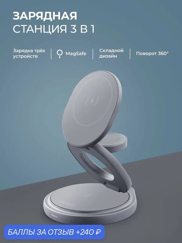 Беспроводная зарядная станция 22Вт 3 в 1 магнитный Rotation QI складная, графит, Deppa 23161 — Deppa, 240 баллов за отзыв Яндекс Маркет