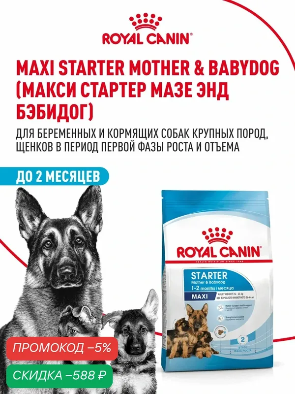 Сухой корм для щенков, беременных и кормящих собак Royal Canin Maxi Starter Mother&Babydog для крупных пород, 15 кг — Royal Canin, скидка по промокоду Яндекс Маркет