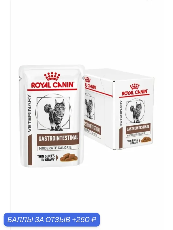 Влажный корм для кошек Royal Canin Gastro Intestinal Moderate Calorie при проблемах с ЖКТ 12 шт. х 85 г (кусочки в желе) — Royal Canin, 250 баллов за отзыв Яндекс Маркет