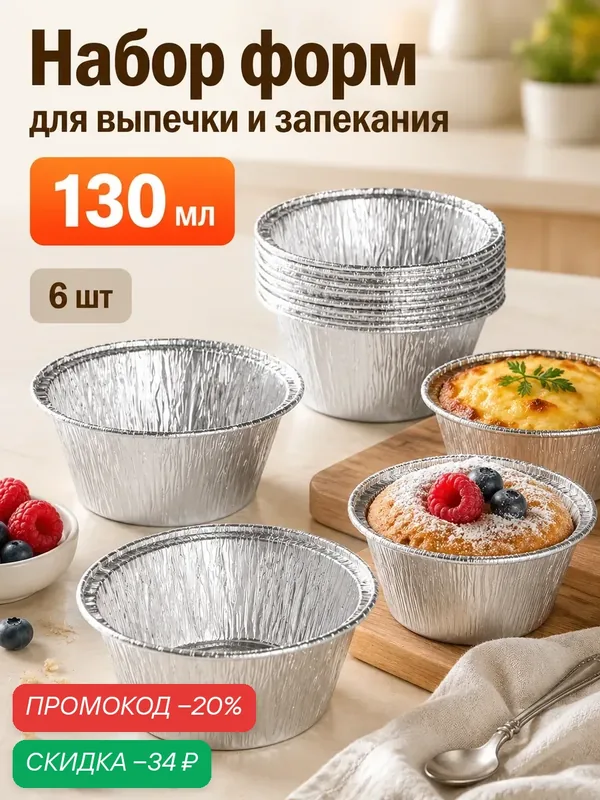 Формы для выпечки и запекания Доляна «Маффин», набор 6 шт, 130 мл, d=8.5 см, фольга, серебристые — Доляна, скидка по промокоду Яндекс Маркет