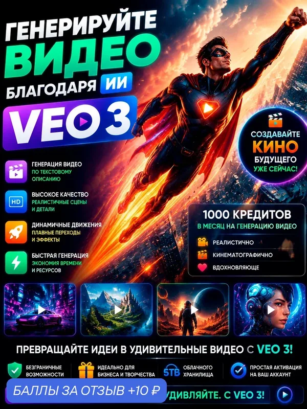 Veo 3 - Генерация видео от Google - Подписка 18 месяцев — 1000 кредитов — Google, 10 баллов за отзыв Яндекс Маркет