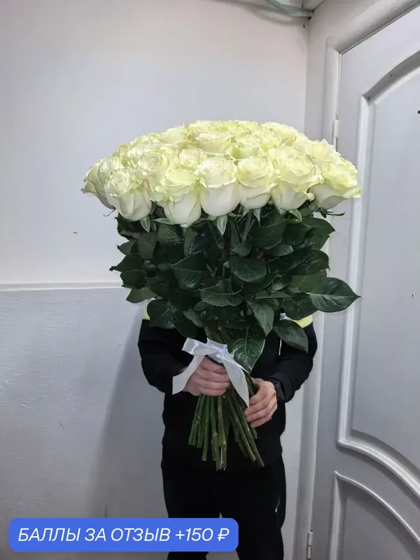 Букет цветов из 51 белой розы, высота: 70 см, без упаковки, от бренда «Розы Люкс» — Розы Люкс, 150 баллов за отзыв Яндекс Маркет