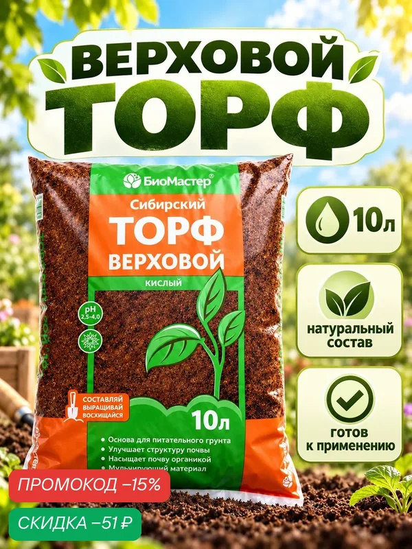 Торф БиоМастер "Верховой сибирский", 10л, универсальный, на основе торфа — Биомастер, скидка по промокоду Яндекс Маркет