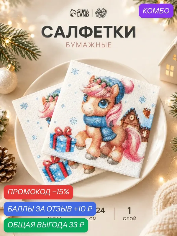 Салфетки бумажные Гармония многоцветия, «Лошадка с подарками», 24×24 см 50 листов — Страна Карнавалия, скидка по промокоду Яндекс Маркет