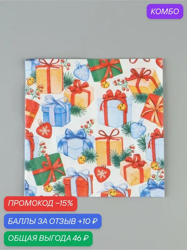 Салфетки новогодние бумажные «Подарки», 33×33, 3 слоя, 20 шт. — Сима-ленд, скидка по промокоду Яндекс Маркет