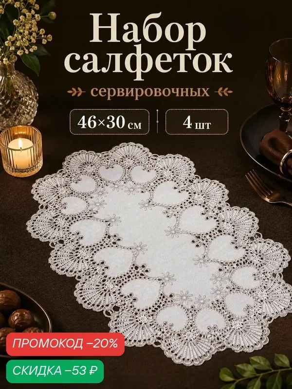 Набор салфеток ажурных для стола Доляна «Листья», 46×30 см, 4 шт, ПВХ, цвет серебряный — Доляна, скидка по промокоду Яндекс Маркет