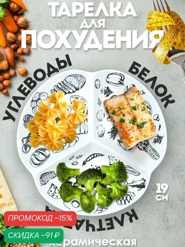 Гарвардская Тарелка для похудения секционная ПП, керамика, 19см, белая, с рисунком — Дорого внимание, скидка по промокоду Яндекс Маркет
