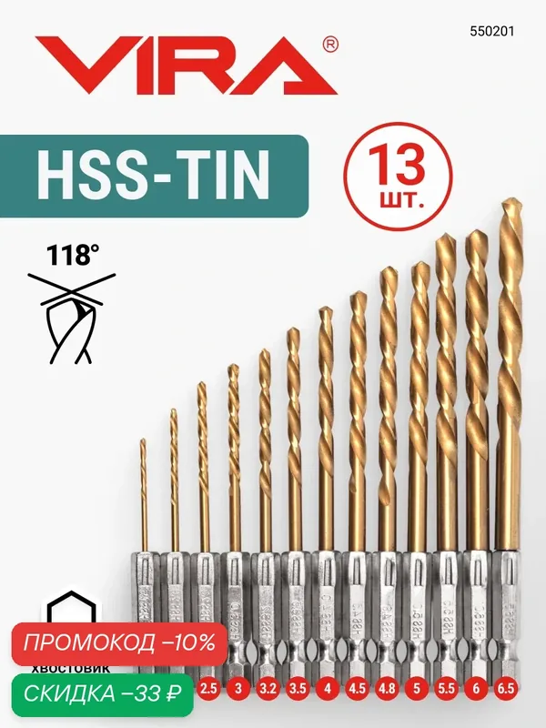 Набор сверл по металлу 1.5-6.5 мм HSS-TiN 1/4" HEX 13 шт VIRA — VIRA, скидка по промокоду Яндекс Маркет
