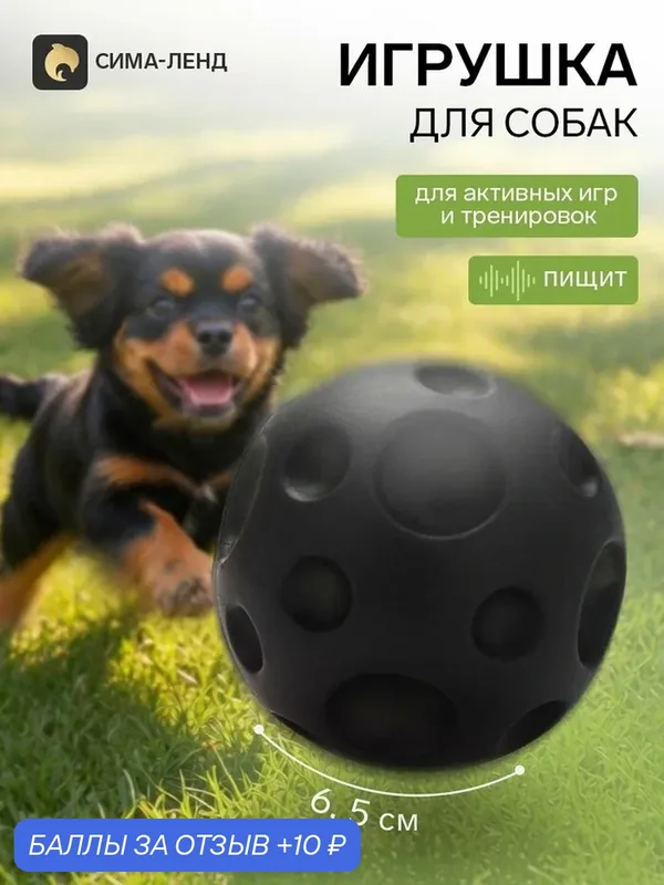 Игрушка для собак Пушистое Счастье "Мячик планета", 6, 5см, с пищалкой, черная — Пушистое счастье, 10 баллов за отзыв Яндекс Маркет