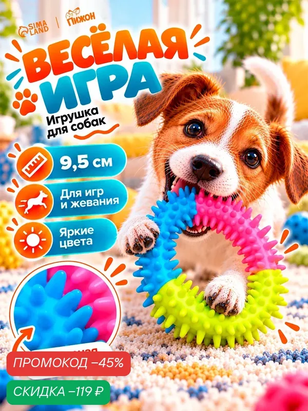 Кольцо Пижон "Кусочек счастья", для собаки, для зубов, с шипами, 9, 5 см, разноцветный — ПИЖОН, скидка по промокоду Яндекс Маркет