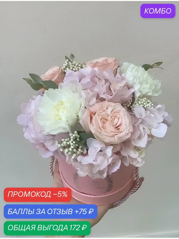 Композиция в коробке с розовой гортензией, белым диантусом и пионовидной розой "Зефир" — FLORY LOVE, промокод и 75 баллов за отзыв Яндекс Маркет