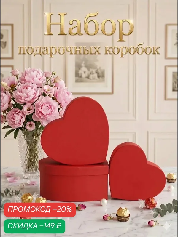 Подарочные коробки 3 в 1 сердца "Красный" 21 х 19 х 9 — 15.5 х 14 х 6 см — Upak Land, скидка по промокоду Яндекс Маркет
