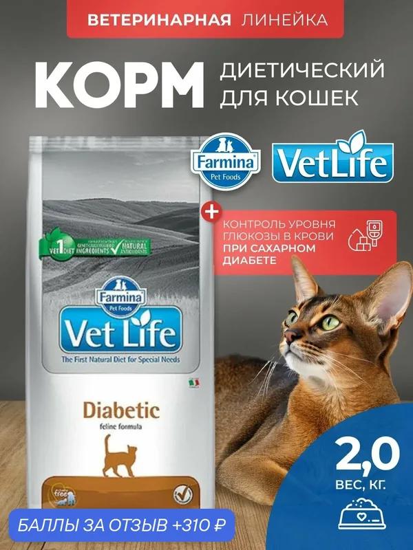 Cухой корм для кошек Farmina Vet Life Diabetic диабетик 2 кг — Farmina, скидка по промокоду Яндекс Маркет