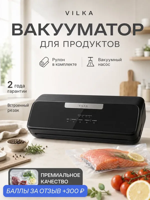 Вакууматор для продуктов VILKA VZ-25, ~80 кПа, для рулонов, с резаком, с насосом, домашний, вакуумный упаковщик, черный — VILKA, 300 баллов за отзыв Яндекс Маркет
