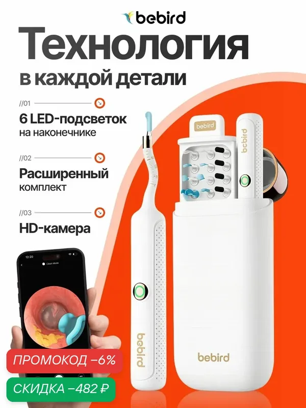 Умная ушная палочка Xiaomi Bebird Visual Ear Picking Device Bebird 3 Plus (R37R), White — скидка по промокоду Яндекс Маркет