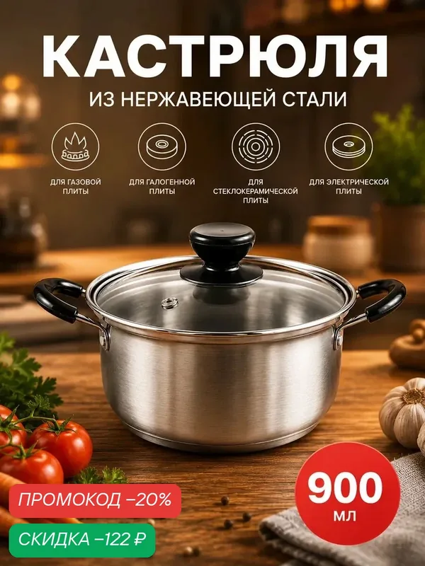 Кастрюля SKYPHOS "Promo" 900 мл, с крышкой, нержавеющая сталь — SKYPHOS, скидка по промокоду Яндекс Маркет