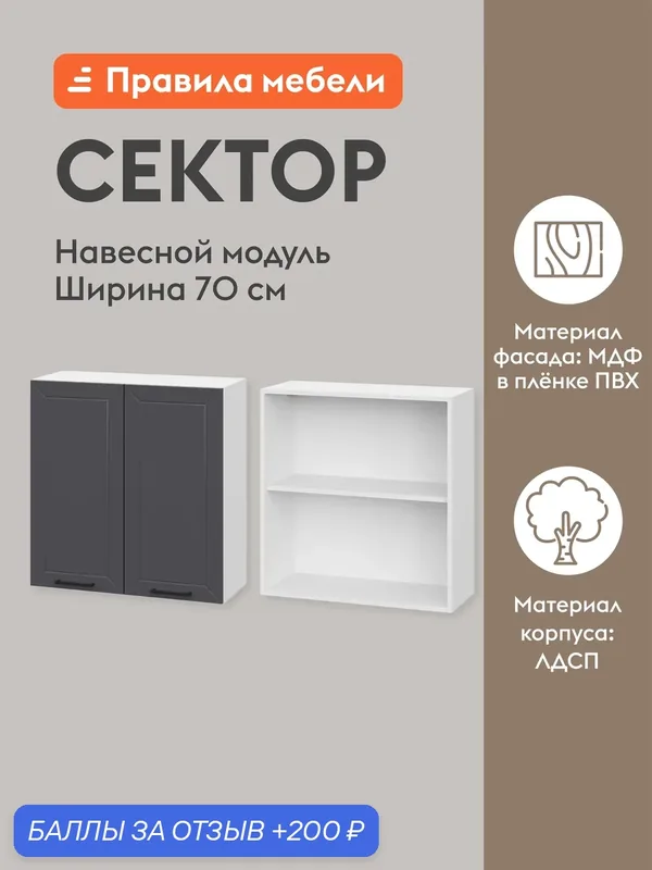 Кухонный модуль навесной, шкаф Сектор с доводчиками, с полками, 70х29.6х72 см, Белый / Графит — Правила мебели, 200 баллов за отзыв Яндекс Маркет