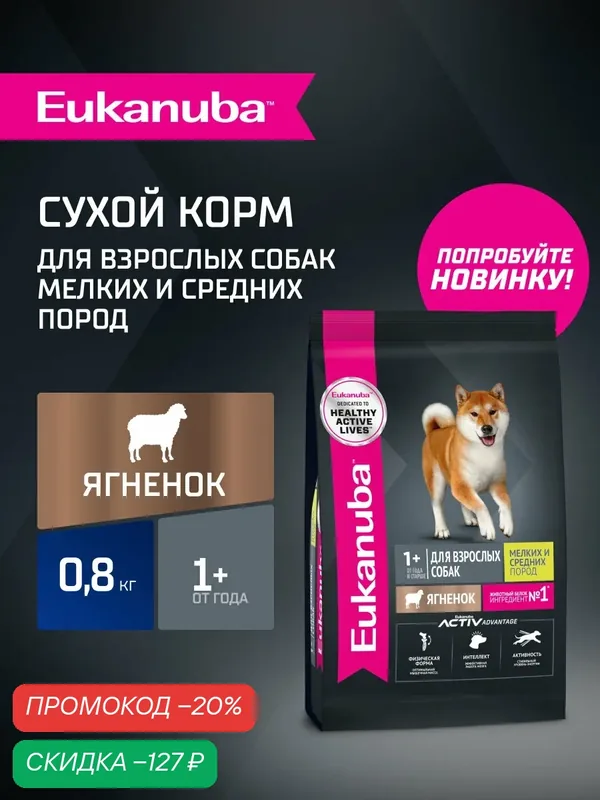 Сухой корм для собак Eukanuba для мелких и средних пород с ягненком, 800 г — Eukanuba, скидка по промокоду Яндекс Маркет