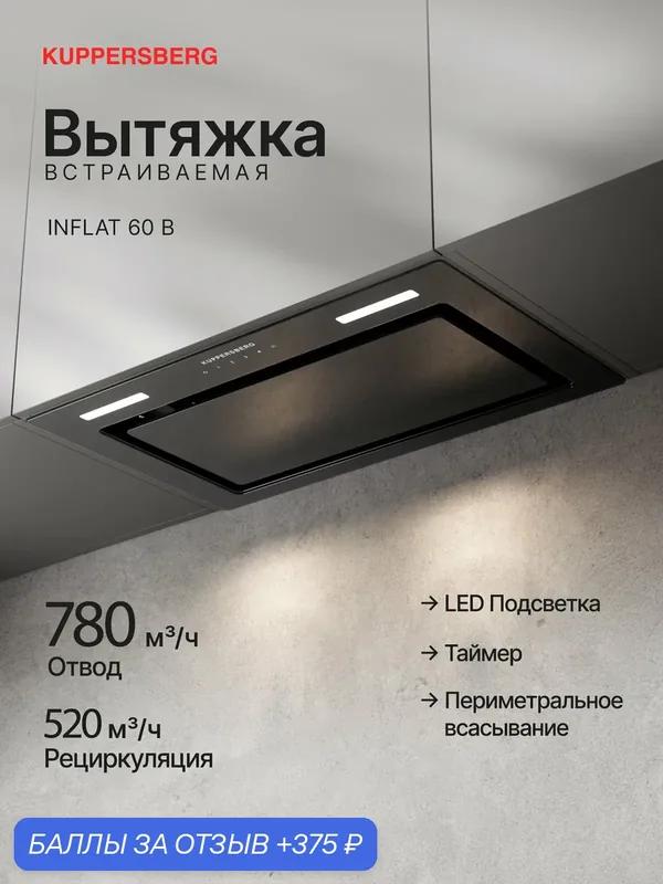 Вытяжка встраиваемая Kuppersberg INFLAT 60 B (Модификация 2026 года) — Kuppersberg, 375 баллов за отзыв Яндекс Маркет