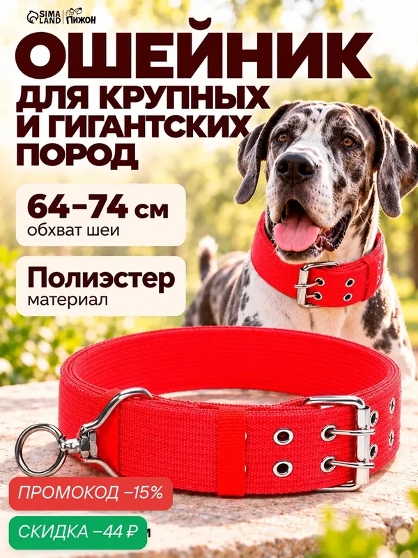 Ошейник четырехслойный с вертлюгом, 80 х 4, 9 см, ОШ 64-74 см, полиэстер, красный — ПИЖОН, скидка по промокоду Яндекс Маркет