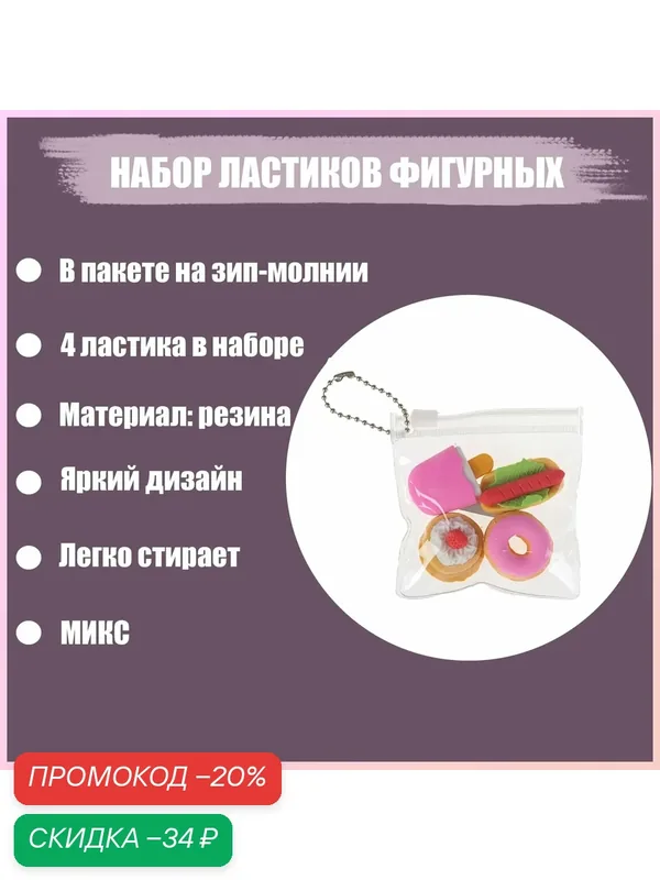 Набор фигурных ластиков "Десерты", 4 штуки, в пакете на зип-молнии, микс (штрихкод на штуке) — Calligrata, скидка по промокоду Яндекс Маркет