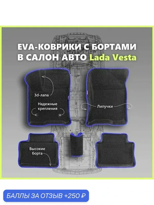 Автомобильные Ева/EVA коврики с press/пресс бортами на Lada Vesta /Лада Веста с 2015-2022, ПРЕМИУМ_3D, черные с синим кантом — SPC, 250 баллов за отзыв Яндекс Маркет