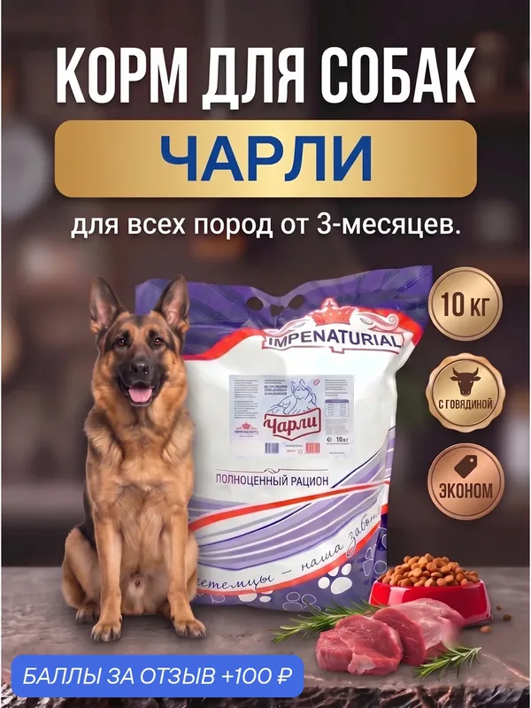 Сухой корм для собак Чарли для всех пород от 3-х месяцев с мясом говядины, 10кг, IMPENATURIAL Империал — Impenaturial, 100 баллов за отзыв Яндекс Маркет