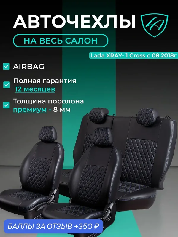 Чехлы на сиденья Лада Х - Рей Кросс Лорд Авто 5 мест с 2018 Хэтчбек / Lada X-Ray Cross, на весь салон ( спинка заднего сидения 60/40 раздельная ), экокожа черные синие Турин Ромб — Lord Autofashion, 350 баллов за отзыв Яндекс Маркет