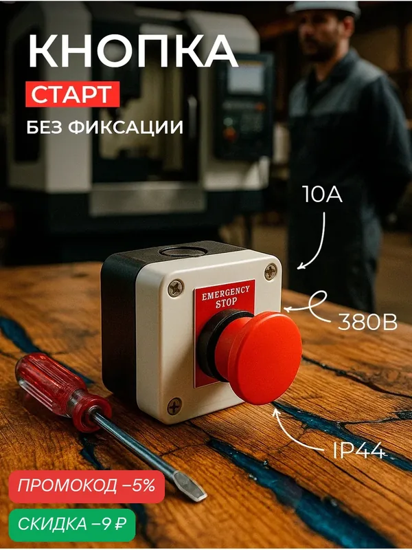 Кнопка аварийной остановки 380V, с фиксацией, грибовидная, черный корпус — скидка по промокоду Яндекс Маркет