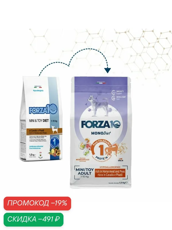 Корм сухой Forza10 "Diet" для взрослых собак мелких пород, Mini Diet Cavallo con Piselli (конина и горох) 1, 5 кг — Forza10, скидка по промокоду Яндекс Маркет