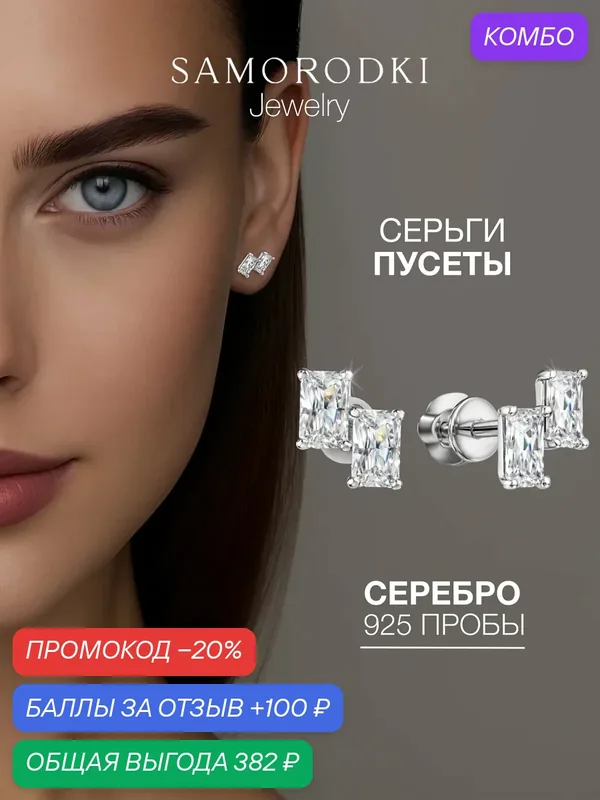 Серьги пусеты, серебро, 925 проба, родирование, фианит — SamoroDki Jewelry, промокод и 100 баллов за отзыв Яндекс Маркет