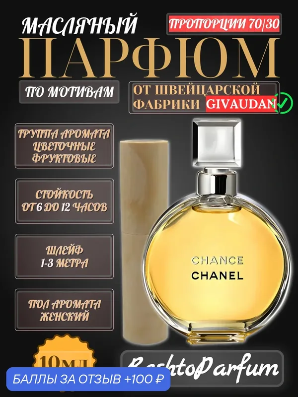 Масляные духи по мотивам Chanel Chance — стойкий цветочный женский аромат / 10мл — 100 баллов за отзыв Яндекс Маркет