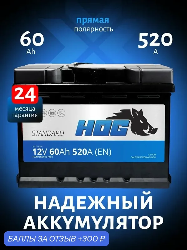 Аккумулятор автомобильный 60 Ач 520А прямая полярность — HOG, 300 баллов за отзыв Яндекс Маркет