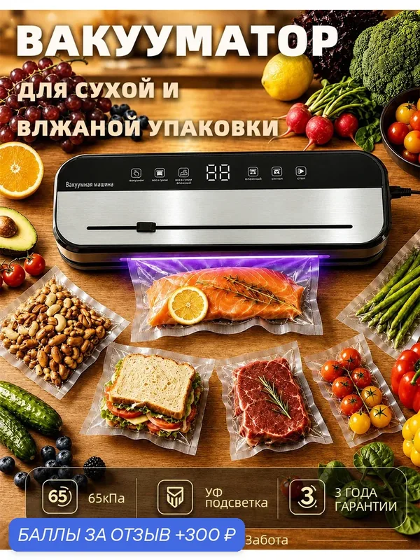 Вакуумный упаковщик для сухих и влажных продуктов 20 пакетов в подарок — 300 баллов за отзыв Яндекс Маркет