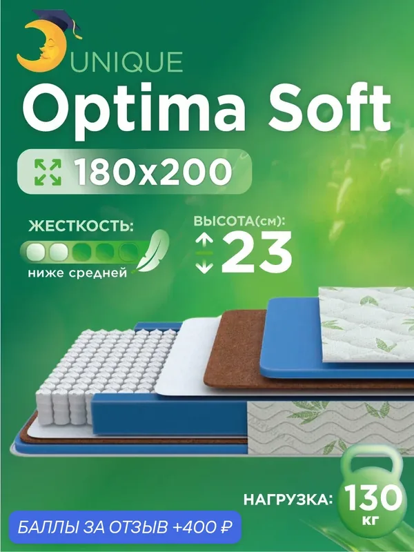 Анатомический, Ортопедический матрас 180х200 Optima Soft, двуспальный — Академия сна, 400 баллов за отзыв Яндекс Маркет
